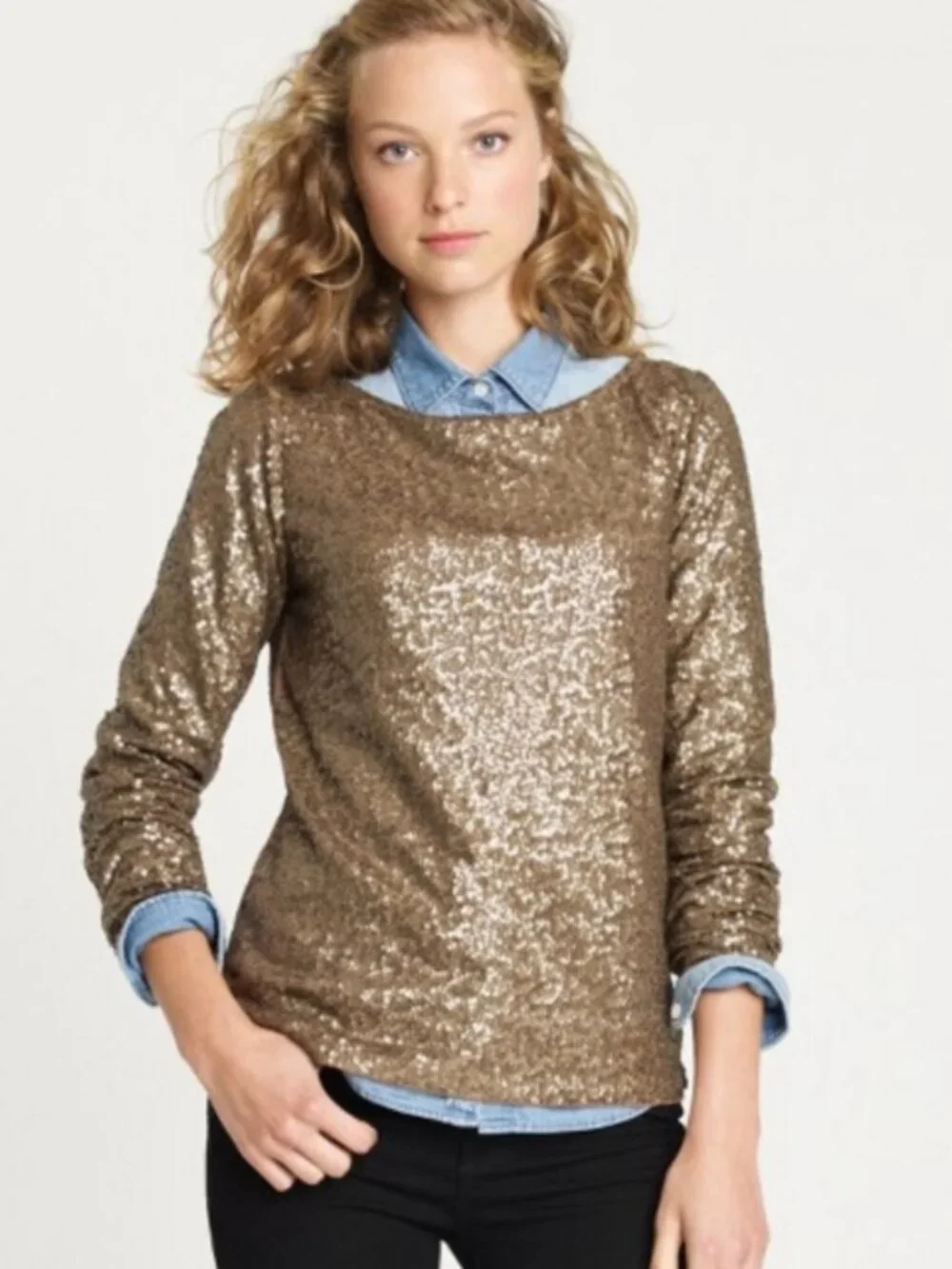 J.Crew Champagne Gold Sequin Glimmer Top Boatneck Long Sleeve Size Small